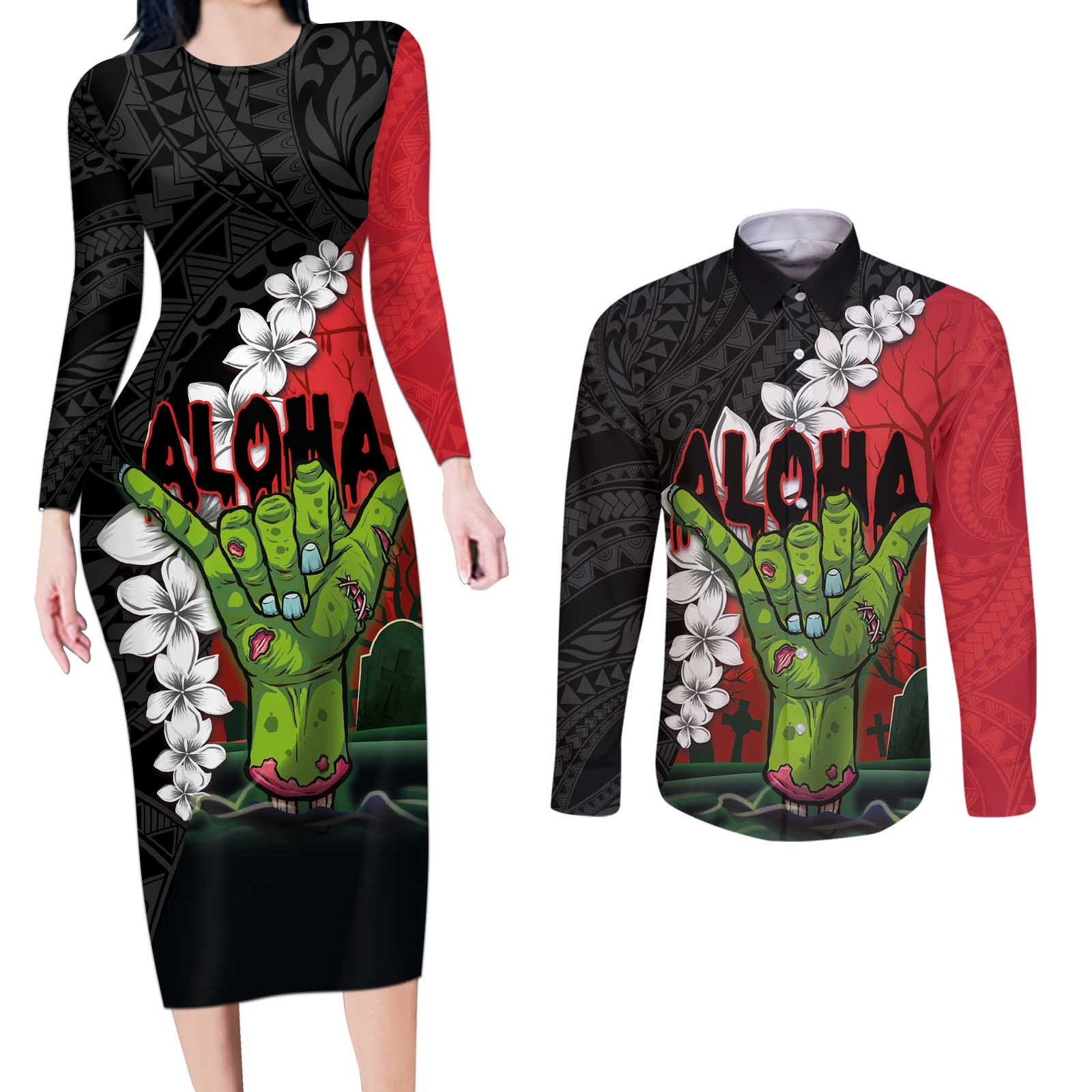 Hawaiian Halloween Couples Matching Long Sleeve Bodycon Dress and Long Sleeve Button Shirt Horror Shaka Hand with Plumeria and Polynesian Tattoo Blood Color LT03 Red - Polynesian Pride