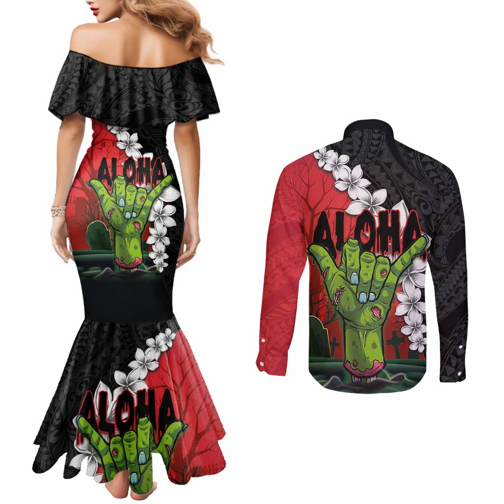 Hawaiian Halloween Couples Matching Mermaid Dress and Long Sleeve Button Shirt Horror Shaka Hand with Plumeria and Polynesian Tattoo Blood Color