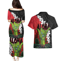 Hawaiian Halloween Couples Matching Puletasi and Hawaiian Shirt Horror Shaka Hand with Plumeria and Polynesian Tattoo Blood Color