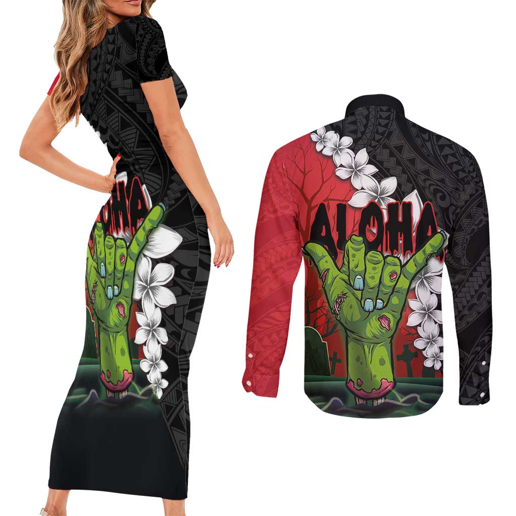 Hawaiian Halloween Couples Matching Short Sleeve Bodycon Dress and Long Sleeve Button Shirt Horror Shaka Hand with Plumeria and Polynesian Tattoo Blood Color