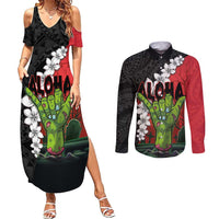 Hawaiian Halloween Couples Matching Summer Maxi Dress and Long Sleeve Button Shirt Horror Shaka Hand with Plumeria and Polynesian Tattoo Blood Color