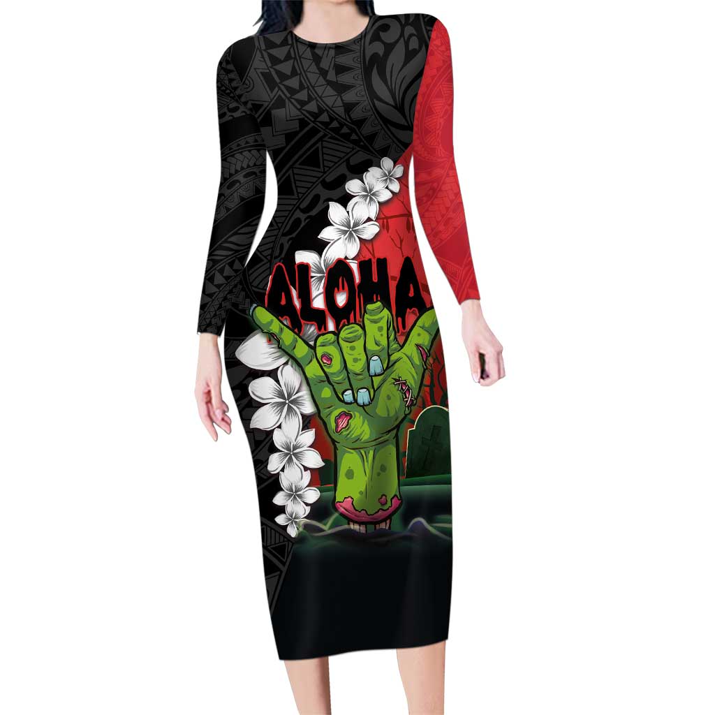 Hawaiian Halloween Family Matching Long Sleeve Bodycon Dress and Hawaiian Shirt Horror Shaka Hand with Plumeria and Polynesian Tattoo Blood Color