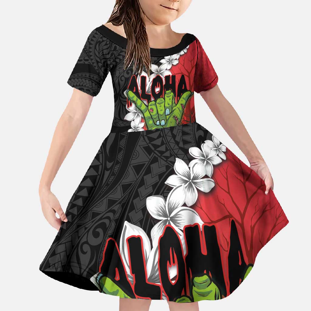 Hawaiian Halloween Family Matching Mermaid Dress and Hawaiian Shirt Horror Shaka Hand with Plumeria and Polynesian Tattoo Blood Color LT03 Daughter's Dress Red - Polynesian Pride