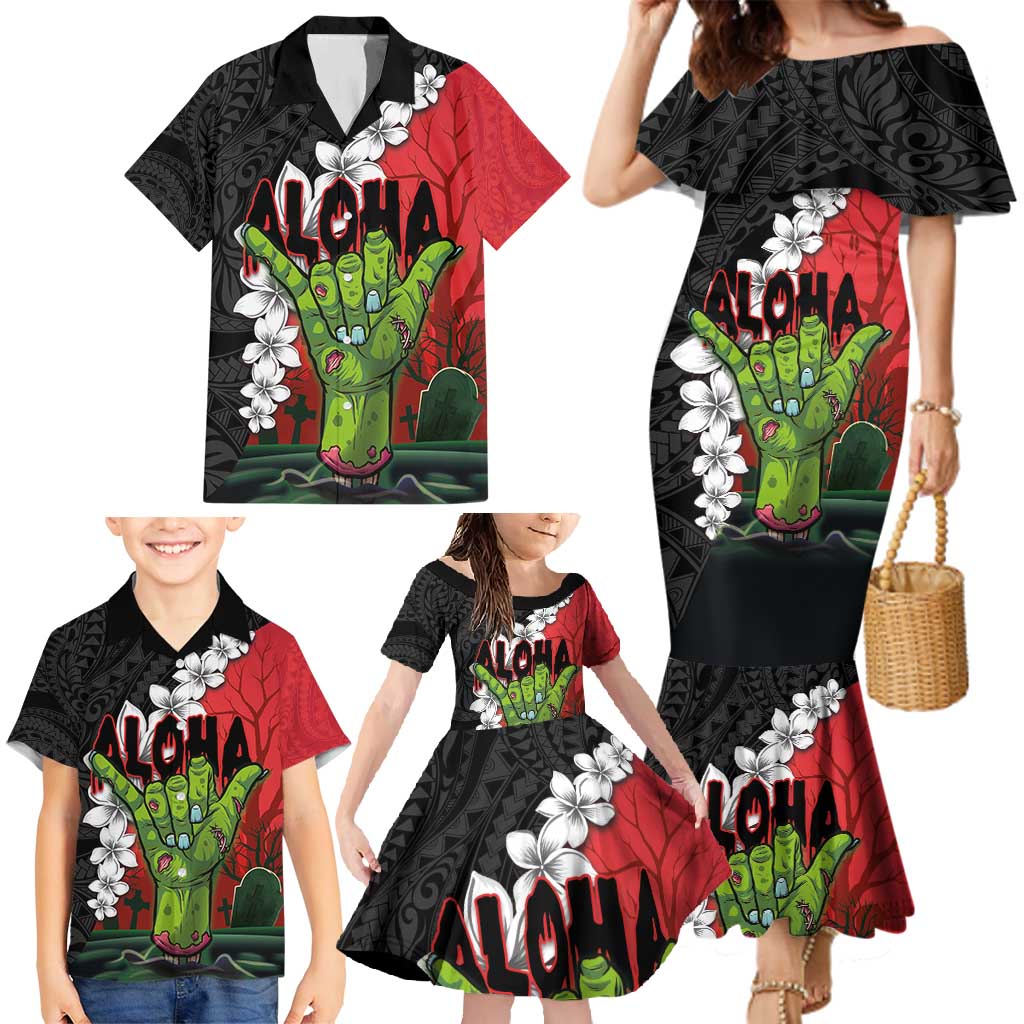 Hawaiian Halloween Family Matching Mermaid Dress and Hawaiian Shirt Horror Shaka Hand with Plumeria and Polynesian Tattoo Blood Color LT03 - Polynesian Pride