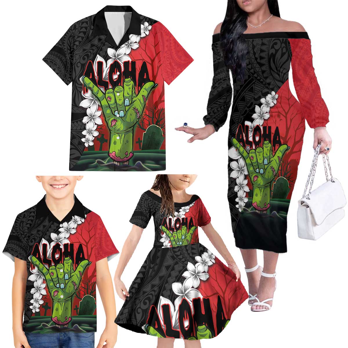 Hawaiian Halloween Family Matching Off The Shoulder Long Sleeve Dress and Hawaiian Shirt Horror Shaka Hand with Plumeria and Polynesian Tattoo Blood Color LT03 - Polynesian Pride