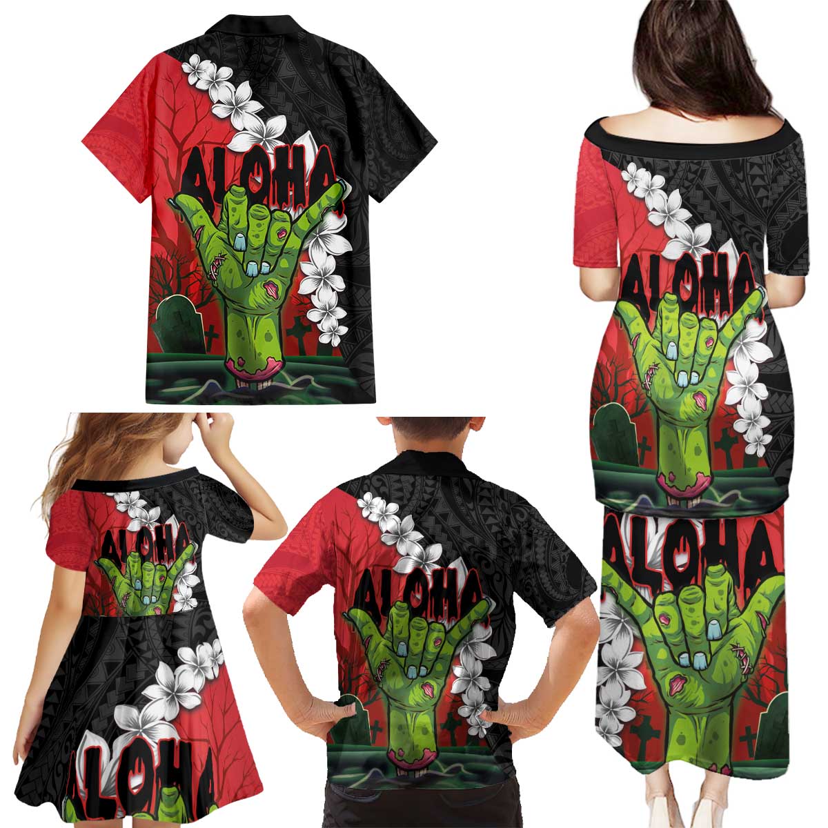 Hawaiian Halloween Family Matching Puletasi and Hawaiian Shirt Horror Shaka Hand with Plumeria and Polynesian Tattoo Blood Color