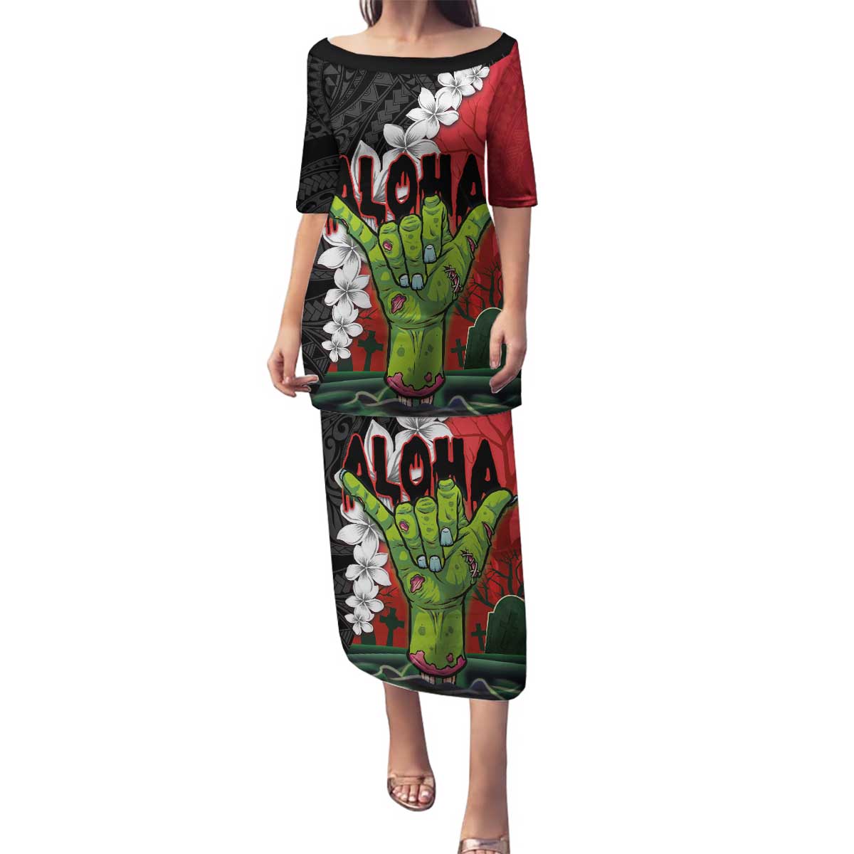 Hawaiian Halloween Family Matching Puletasi and Hawaiian Shirt Horror Shaka Hand with Plumeria and Polynesian Tattoo Blood Color