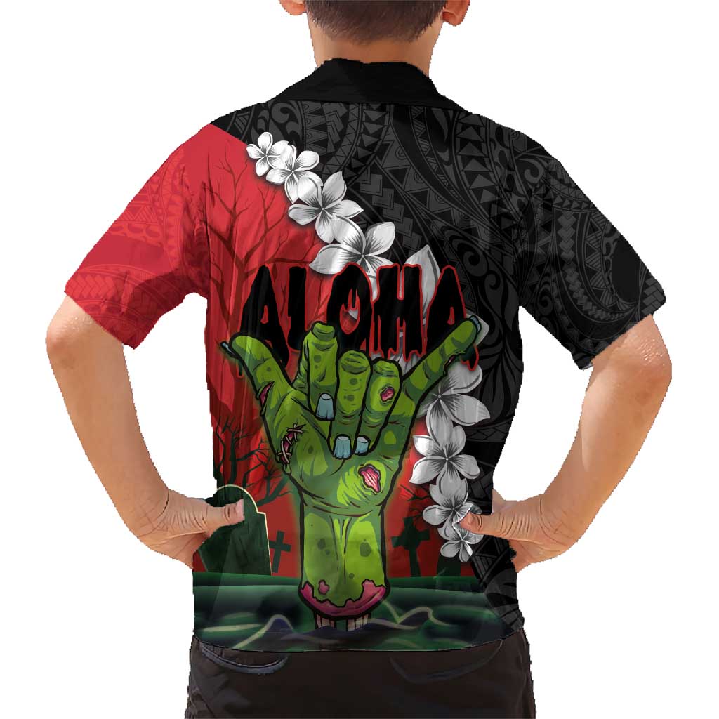 Hawaiian Halloween Family Matching Short Sleeve Bodycon Dress and Hawaiian Shirt Horror Shaka Hand with Plumeria and Polynesian Tattoo Blood Color LT03 - Polynesian Pride