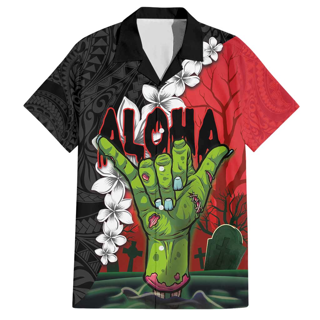 Hawaiian Halloween Family Matching Short Sleeve Bodycon Dress and Hawaiian Shirt Horror Shaka Hand with Plumeria and Polynesian Tattoo Blood Color LT03 Dad's Shirt - Short Sleeve Red - Polynesian Pride