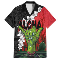 Hawaiian Halloween Family Matching Short Sleeve Bodycon Dress and Hawaiian Shirt Horror Shaka Hand with Plumeria and Polynesian Tattoo Blood Color LT03 Dad's Shirt - Short Sleeve Red - Polynesian Pride