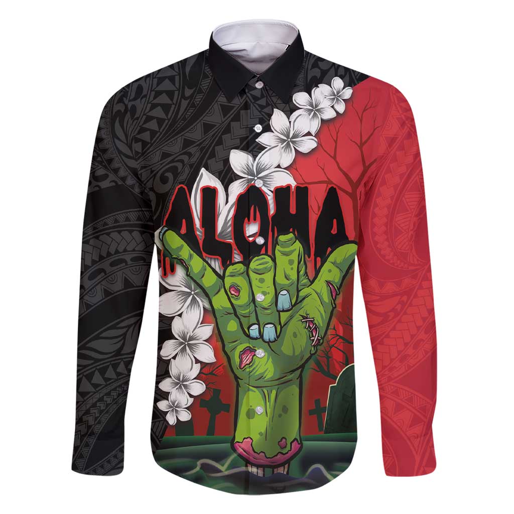 Hawaiian Halloween Family Matching Short Sleeve Bodycon Dress and Hawaiian Shirt Horror Shaka Hand with Plumeria and Polynesian Tattoo Blood Color LT03 Dad's Shirt - Long Sleeve Red - Polynesian Pride