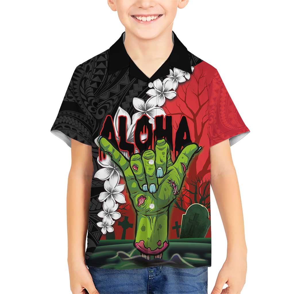 Hawaiian Halloween Family Matching Short Sleeve Bodycon Dress and Hawaiian Shirt Horror Shaka Hand with Plumeria and Polynesian Tattoo Blood Color LT03 Son's Shirt Red - Polynesian Pride