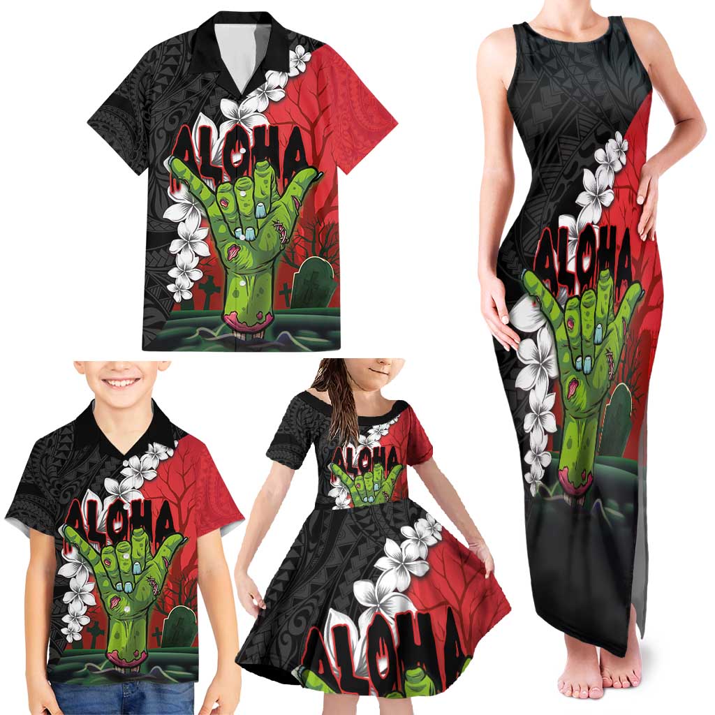 Hawaiian Halloween Family Matching Tank Maxi Dress and Hawaiian Shirt Horror Shaka Hand with Plumeria and Polynesian Tattoo Blood Color LT03 - Polynesian Pride