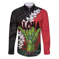 Hawaiian Halloween Family Matching Tank Maxi Dress and Hawaiian Shirt Horror Shaka Hand with Plumeria and Polynesian Tattoo Blood Color LT03 Dad's Shirt - Long Sleeve Red - Polynesian Pride