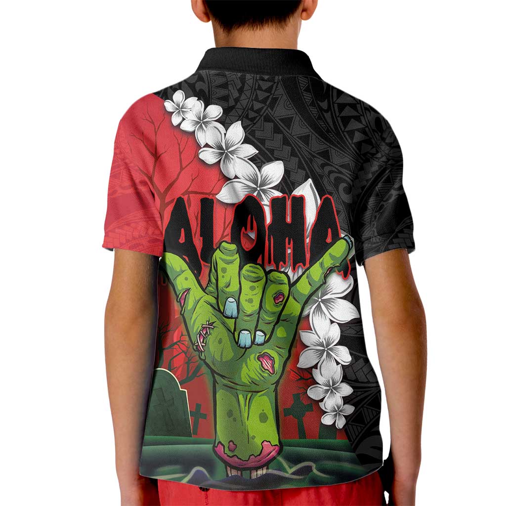 Hawaiian Halloween Kid Polo Shirt Horror Shaka Hand with Plumeria and Polynesian Tattoo Blood Color
