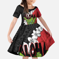 Hawaiian Halloween Kid Short Sleeve Dress Horror Shaka Hand with Plumeria and Polynesian Tattoo Blood Color