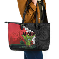 Hawaiian Halloween Leather Tote Bag Horror Shaka Hand with Plumeria and Polynesian Tattoo Blood Color