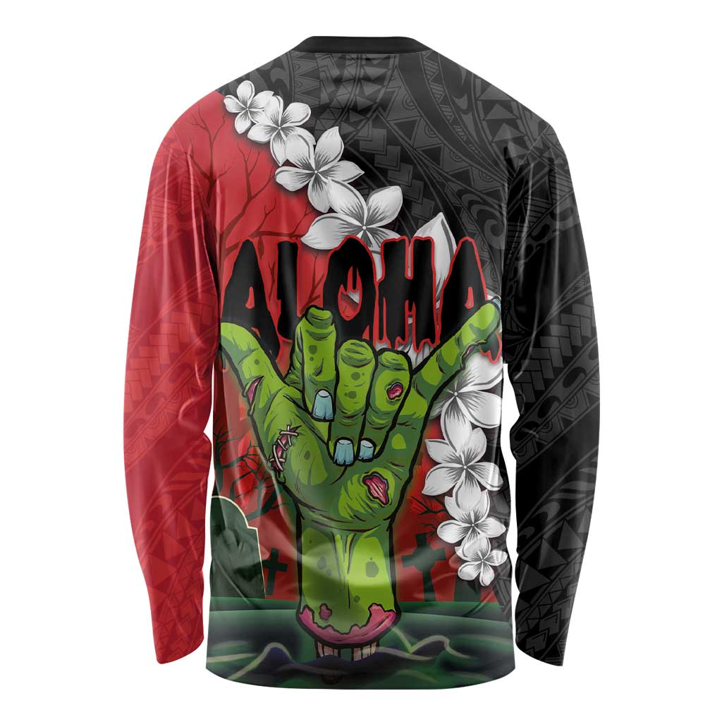 Hawaiian Halloween Long Sleeve Shirt Horror Shaka Hand with Plumeria and Polynesian Tattoo Blood Color