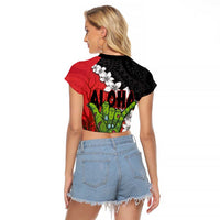 Hawaiian Halloween Raglan Cropped T Shirt Horror Shaka Hand with Plumeria and Polynesian Tattoo Blood Color