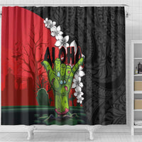 Hawaiian Halloween Shower Curtain Horror Shaka Hand with Plumeria and Polynesian Tattoo Blood Color