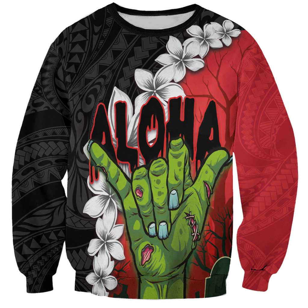 Hawaiian Halloween Sweatshirt Horror Shaka Hand with Plumeria and Polynesian Tattoo Blood Color