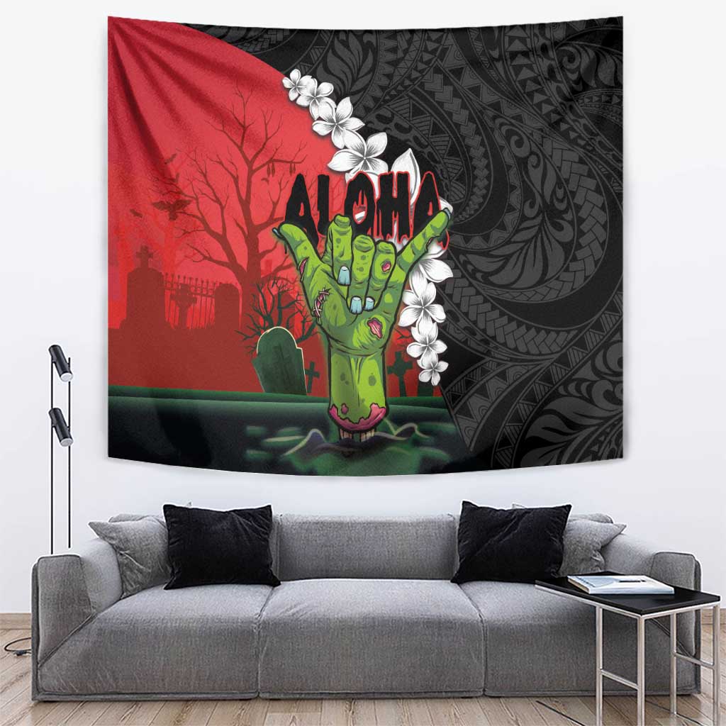 Hawaiian Halloween Tapestry Horror Shaka Hand with Plumeria and Polynesian Tattoo Blood Color LT03 Red - Polynesian Pride