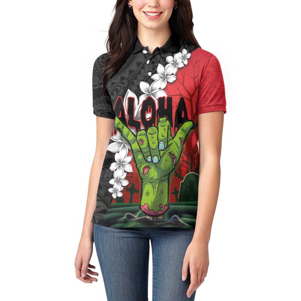 Hawaiian Halloween Women Polo Shirt Horror Shaka Hand with Plumeria and Polynesian Tattoo Blood Color