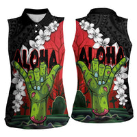 Hawaiian Halloween Women Sleeveless Polo Shirt Horror Shaka Hand with Plumeria and Polynesian Tattoo Blood Color