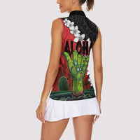Hawaiian Halloween Women Sleeveless Polo Shirt Horror Shaka Hand with Plumeria and Polynesian Tattoo Blood Color