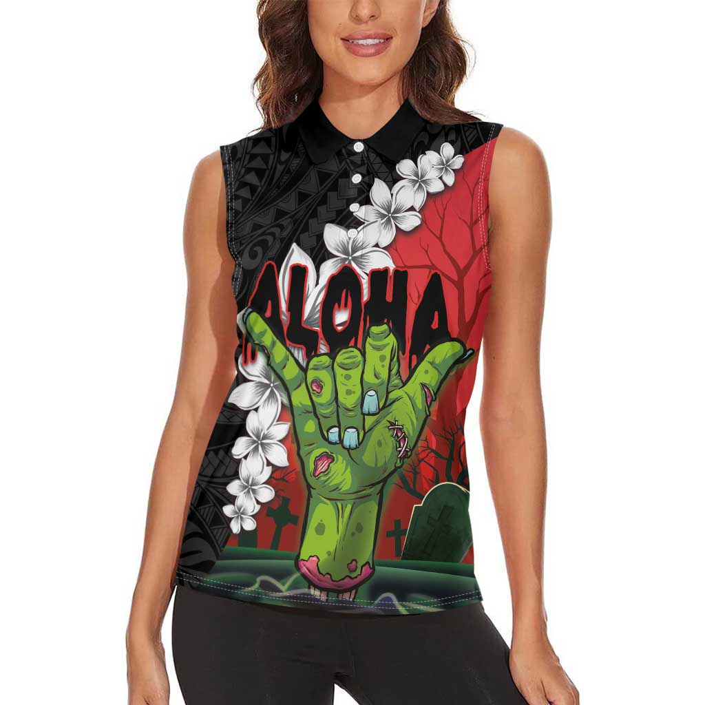Hawaiian Halloween Women Sleeveless Polo Shirt Horror Shaka Hand with Plumeria and Polynesian Tattoo Blood Color