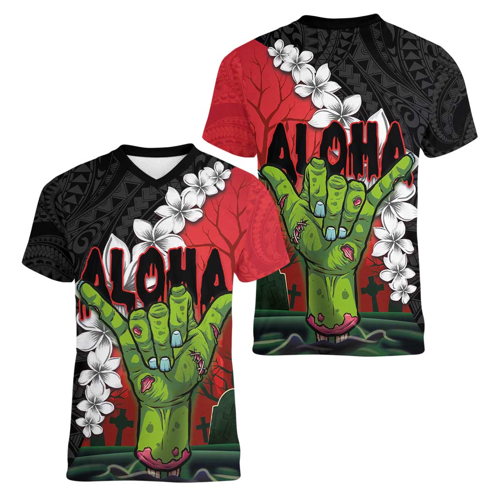 Hawaiian Halloween Women V-Neck T-Shirt Horror Shaka Hand with Plumeria and Polynesian Tattoo Blood Color