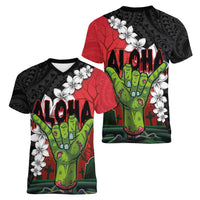 Hawaiian Halloween Women V-Neck T-Shirt Horror Shaka Hand with Plumeria and Polynesian Tattoo Blood Color