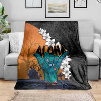Hawaiian Halloween Blanket Horror Shaka Hand with Plumeria and Polynesian Tattoo Autumn Color