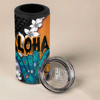 Hawaiian Halloween 4 in 1 Can Cooler Tumbler Horror Shaka Hand with Plumeria and Polynesian Tattoo Autumn Color