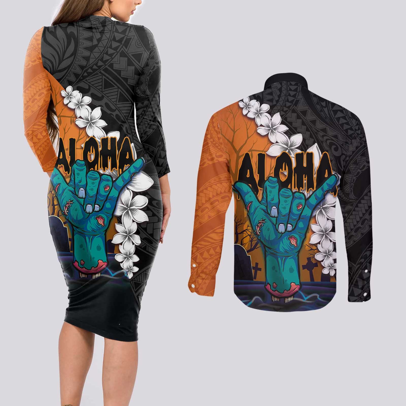 Hawaiian Halloween Couples Matching Long Sleeve Bodycon Dress and Long Sleeve Button Shirt Horror Shaka Hand with Plumeria and Polynesian Tattoo Autumn Color LT03 - Polynesian Pride