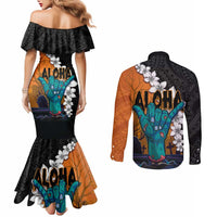 Hawaiian Halloween Couples Matching Mermaid Dress and Long Sleeve Button Shirt Horror Shaka Hand with Plumeria and Polynesian Tattoo Autumn Color