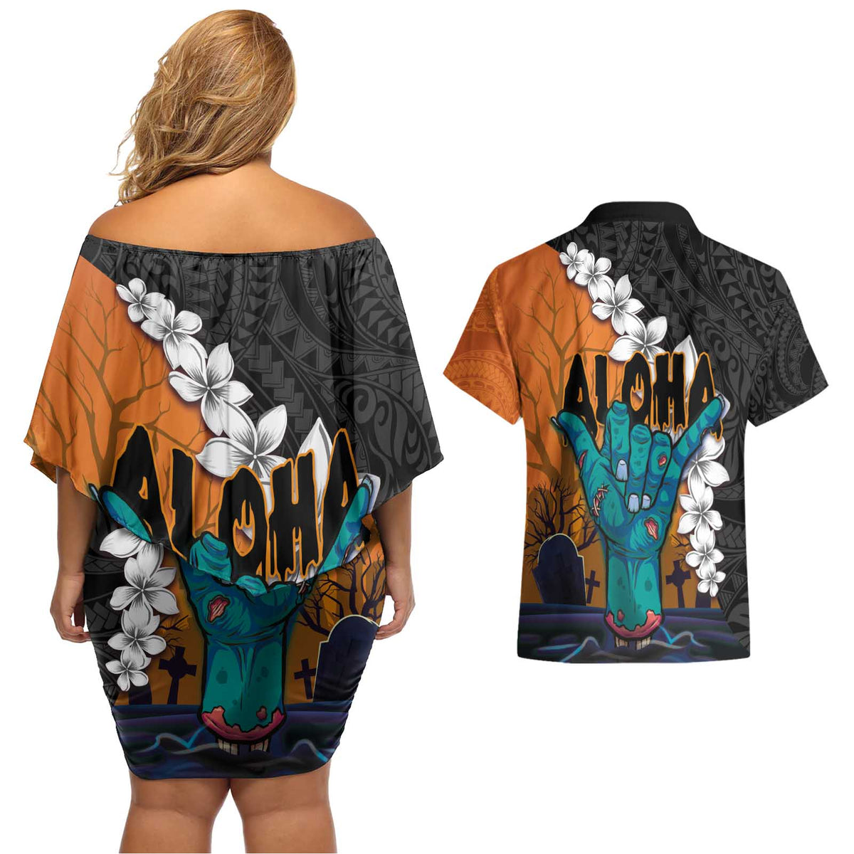 Hawaiian Halloween Couples Matching Off Shoulder Short Dress and Hawaiian Shirt Horror Shaka Hand with Plumeria and Polynesian Tattoo Autumn Color