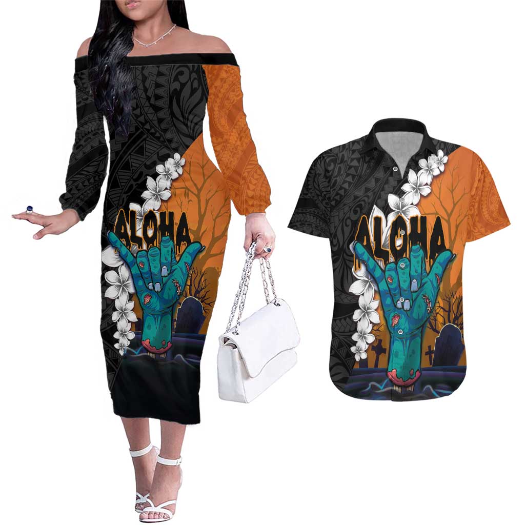 Hawaiian Halloween Couples Matching Off The Shoulder Long Sleeve Dress and Hawaiian Shirt Horror Shaka Hand with Plumeria and Polynesian Tattoo Autumn Color LT03 Orange - Polynesian Pride