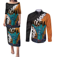 Hawaiian Halloween Couples Matching Puletasi and Long Sleeve Button Shirt Horror Shaka Hand with Plumeria and Polynesian Tattoo Autumn Color
