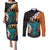 Hawaiian Halloween Couples Matching Puletasi and Long Sleeve Button Shirt Horror Shaka Hand with Plumeria and Polynesian Tattoo Autumn Color