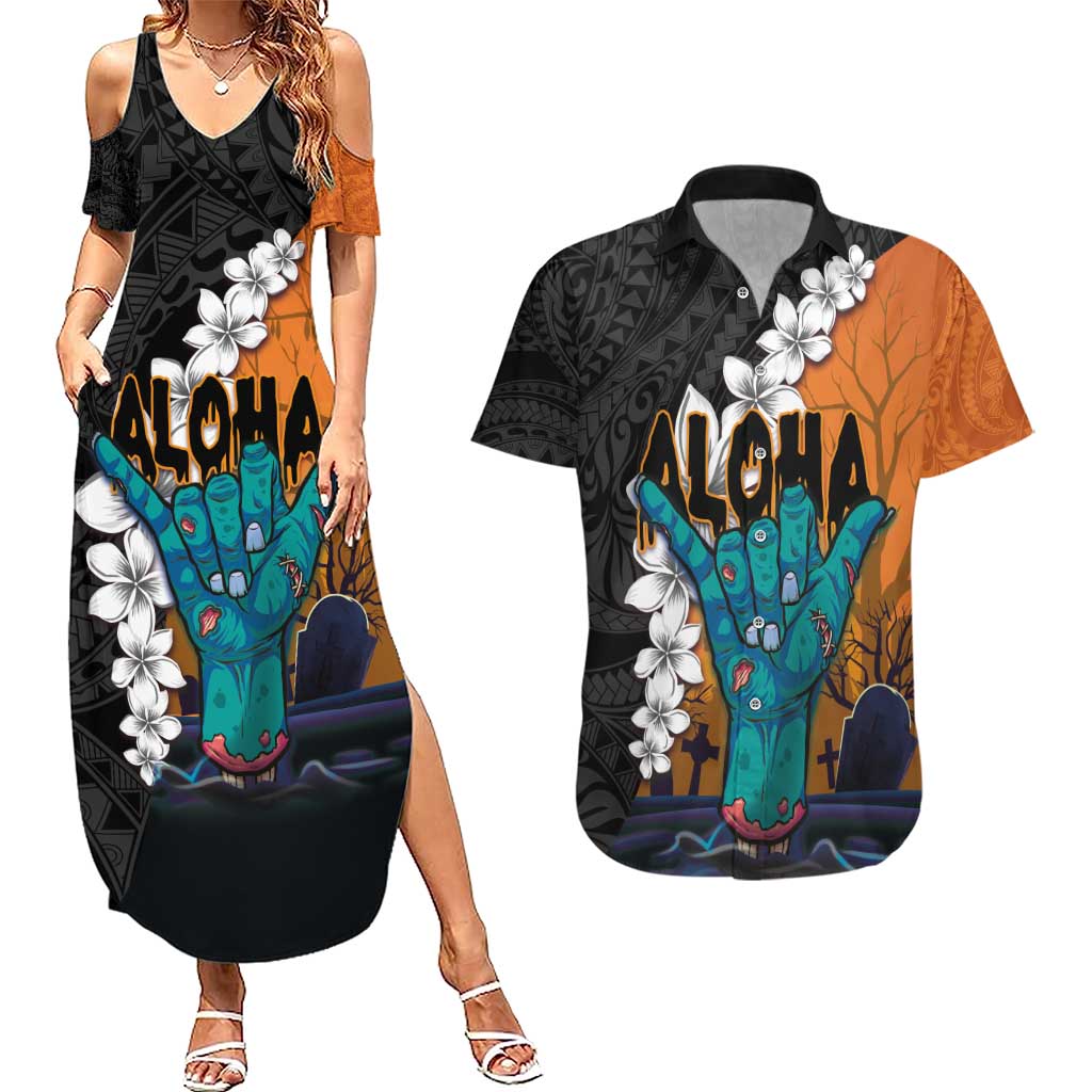 Hawaiian Halloween Couples Matching Summer Maxi Dress and Hawaiian Shirt Horror Shaka Hand with Plumeria and Polynesian Tattoo Autumn Color LT03 Orange - Polynesian Pride