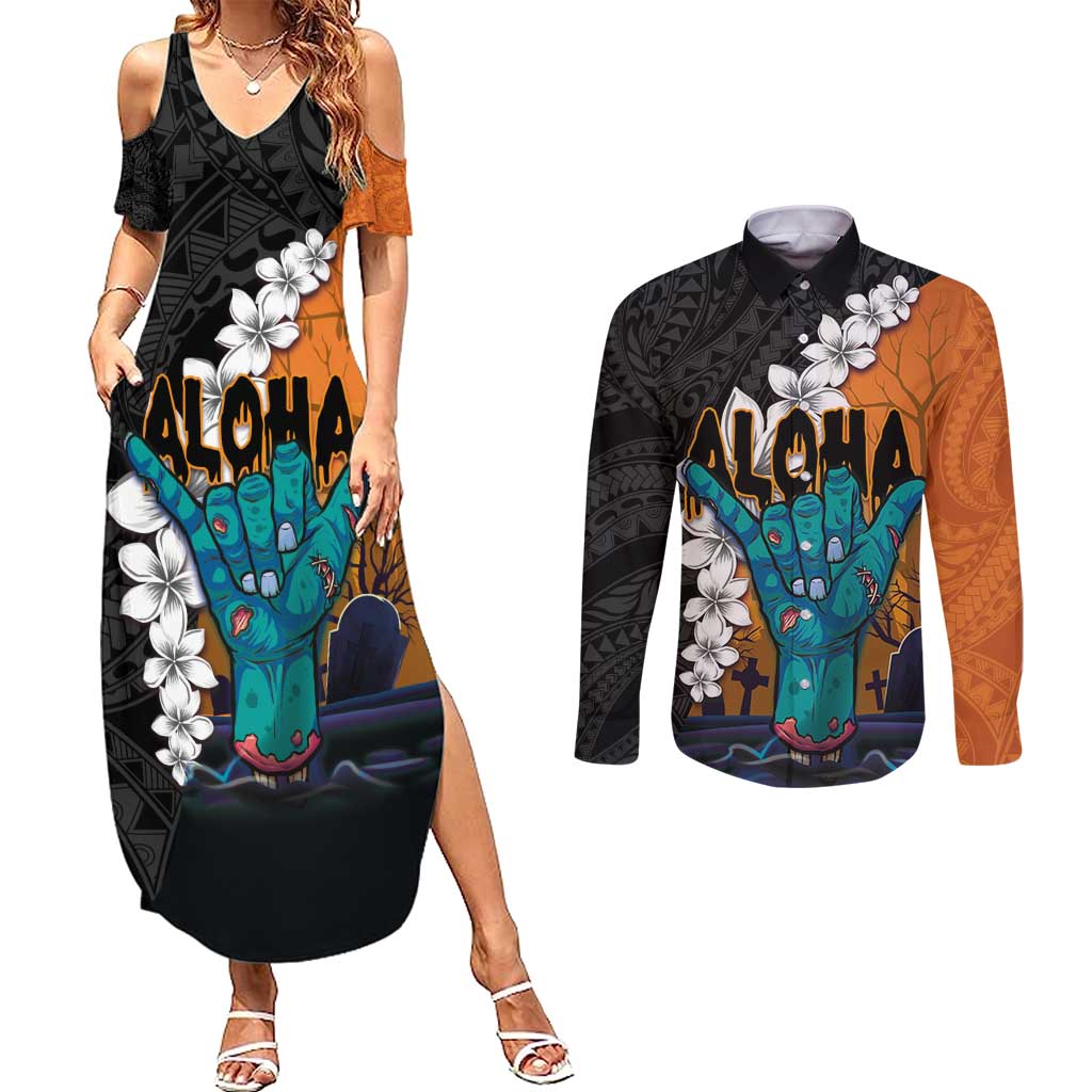 Hawaiian Halloween Couples Matching Summer Maxi Dress and Long Sleeve Button Shirt Horror Shaka Hand with Plumeria and Polynesian Tattoo Autumn Color LT03 Orange - Polynesian Pride