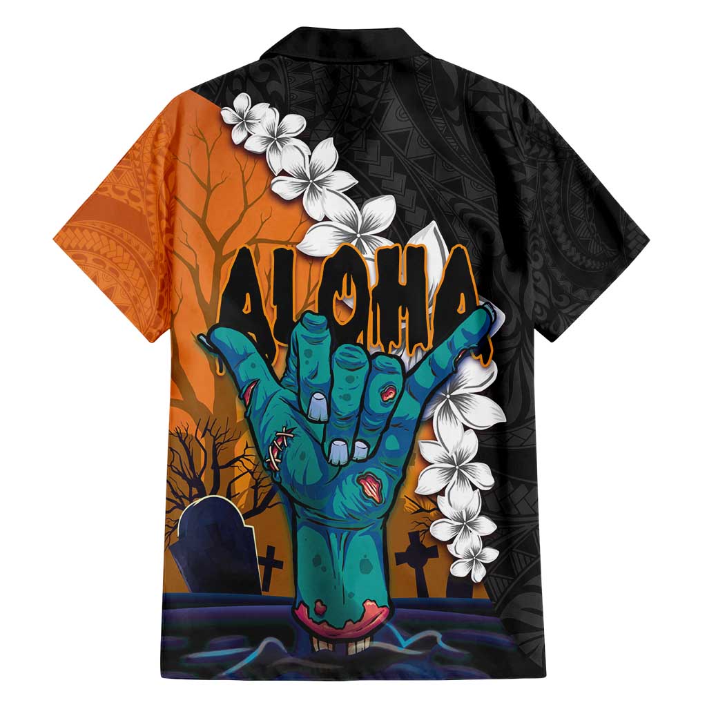 Hawaiian Halloween Family Matching Long Sleeve Bodycon Dress and Hawaiian Shirt Horror Shaka Hand with Plumeria and Polynesian Tattoo Autumn Color