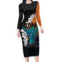 Hawaiian Halloween Family Matching Long Sleeve Bodycon Dress and Hawaiian Shirt Horror Shaka Hand with Plumeria and Polynesian Tattoo Autumn Color