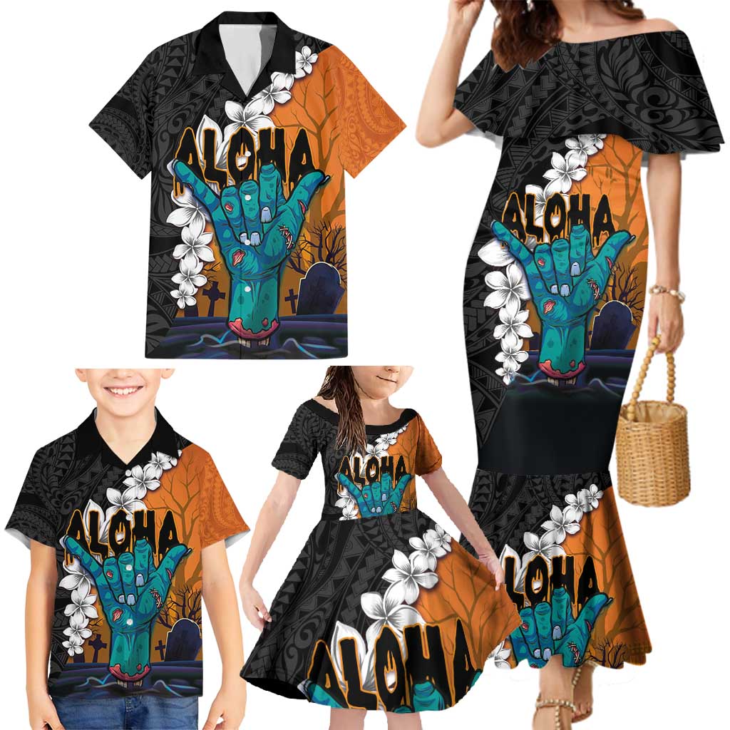Hawaiian Halloween Family Matching Mermaid Dress and Hawaiian Shirt Horror Shaka Hand with Plumeria and Polynesian Tattoo Autumn Color LT03 - Polynesian Pride