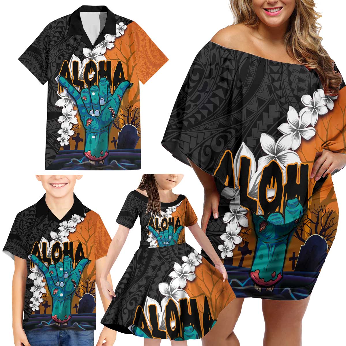 Hawaiian Halloween Family Matching Off Shoulder Short Dress and Hawaiian Shirt Horror Shaka Hand with Plumeria and Polynesian Tattoo Autumn Color LT03 - Polynesian Pride