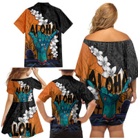 Hawaiian Halloween Family Matching Off Shoulder Short Dress and Hawaiian Shirt Horror Shaka Hand with Plumeria and Polynesian Tattoo Autumn Color