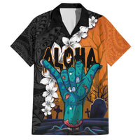 Hawaiian Halloween Family Matching Off Shoulder Short Dress and Hawaiian Shirt Horror Shaka Hand with Plumeria and Polynesian Tattoo Autumn Color