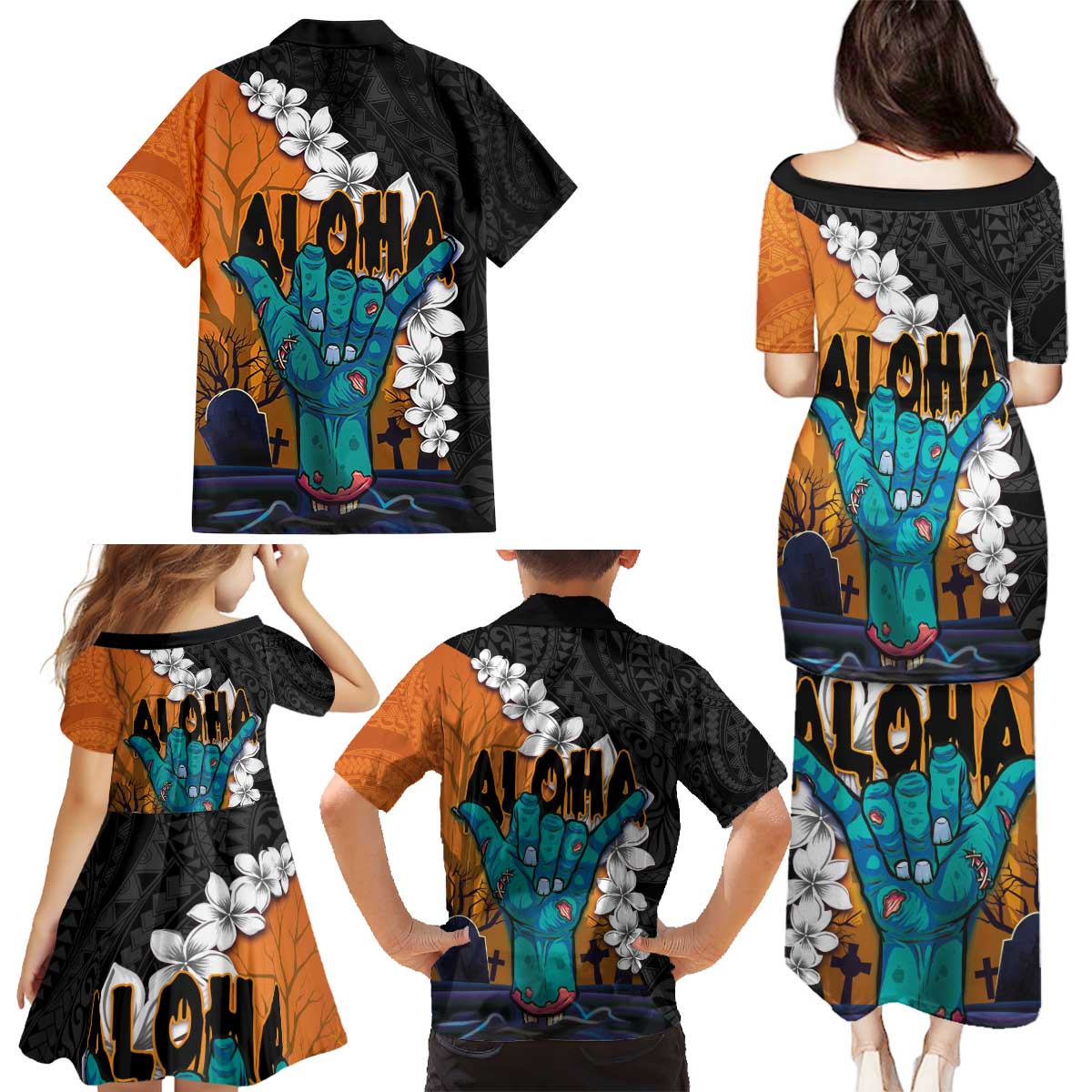 Hawaiian Halloween Family Matching Puletasi and Hawaiian Shirt Horror Shaka Hand with Plumeria and Polynesian Tattoo Autumn Color