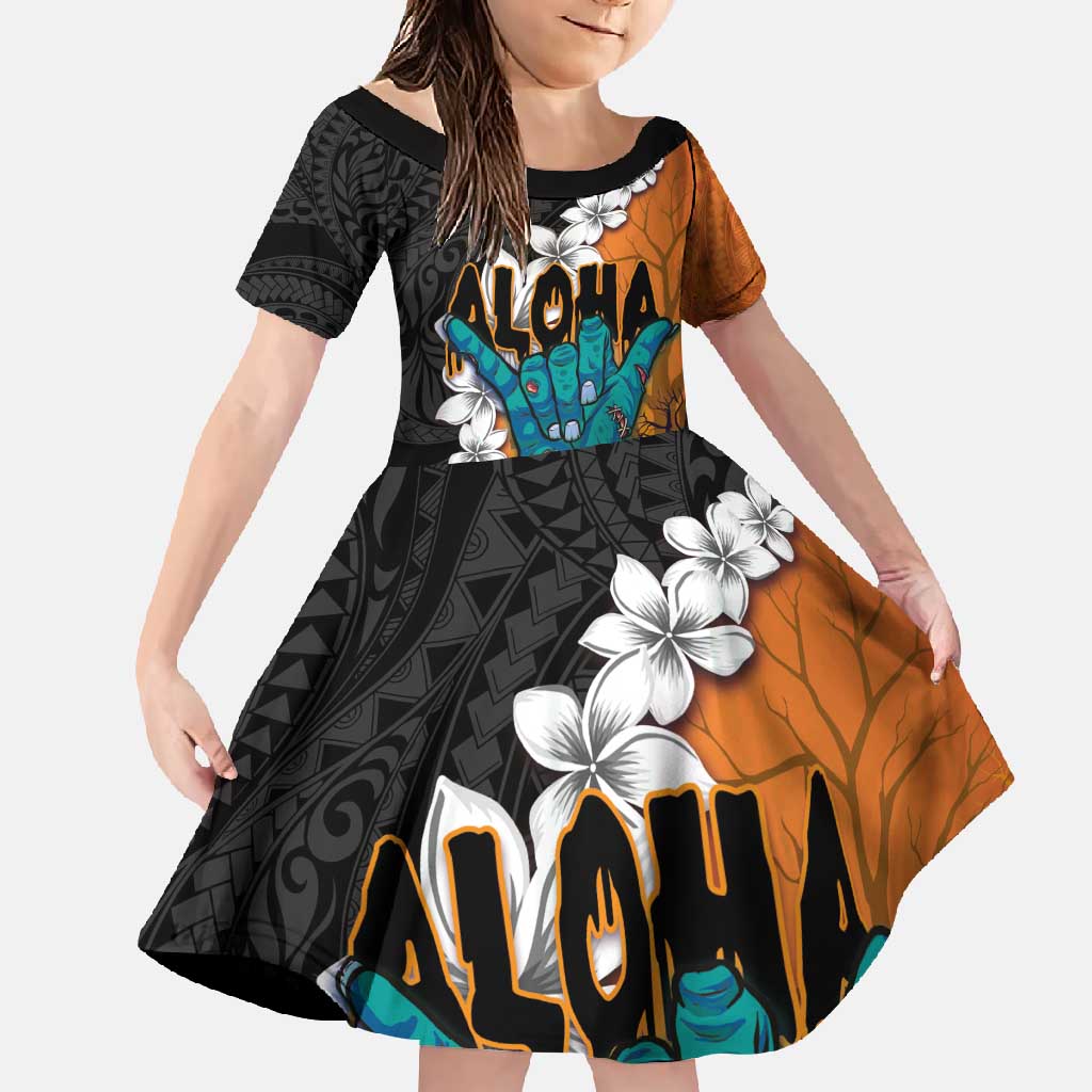 Hawaiian Halloween Family Matching Short Sleeve Bodycon Dress and Hawaiian Shirt Horror Shaka Hand with Plumeria and Polynesian Tattoo Autumn Color LT03 Daughter's Dress Orange - Polynesian Pride